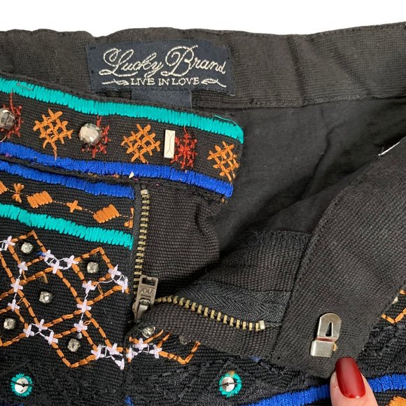 Lucky Brand Embroidered Sequin Shorts S Black Mid Rise Zip Rhinestones Cotton - Picture 5 of 6